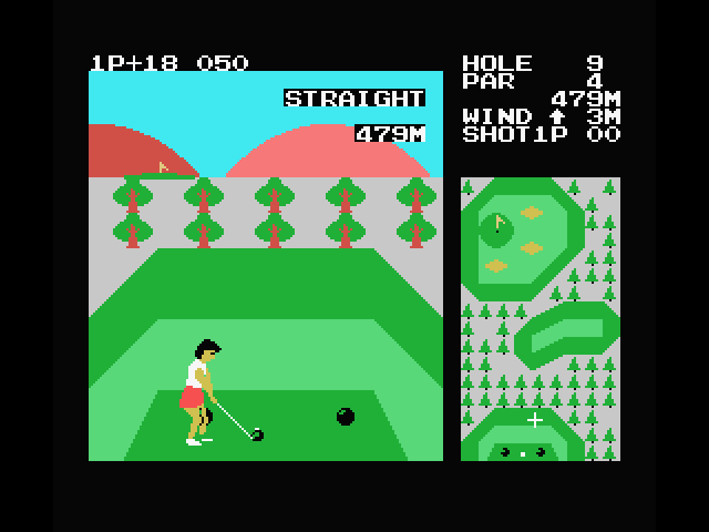 Konami's Golf MSX Screenshot: Teeing off on the final hole...