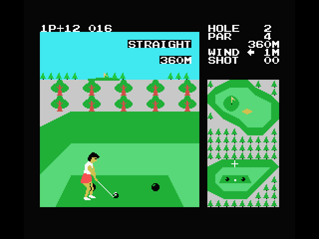 Konami's Golf MSX Screenshot: A lot of trees and out of bounds areas on the second hole.