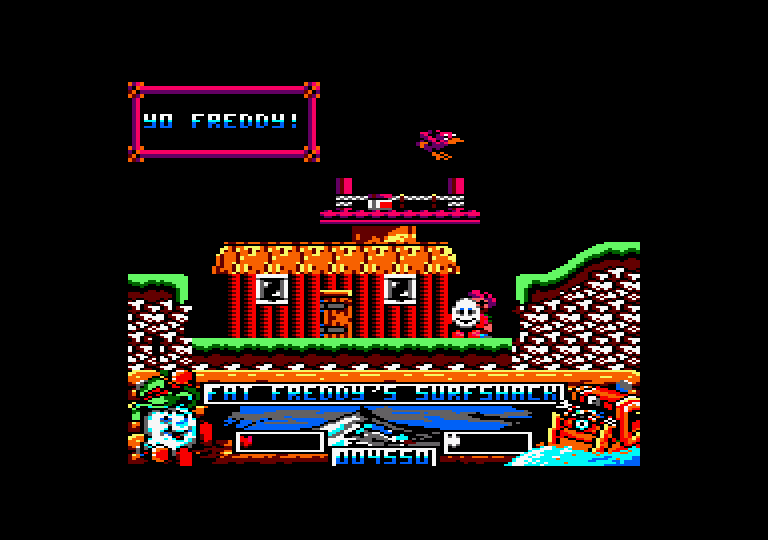 Crystal Kingdom Dizzy Amstrad CPC Screenshot: At Fat Freddy's Surf Shack.