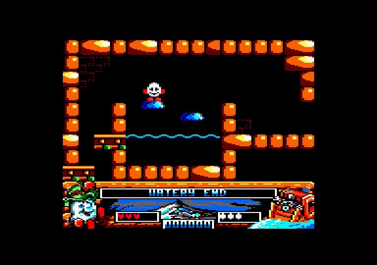 Crystal Kingdom Dizzy Amstrad CPC Screenshot: Don't fall in the water here.