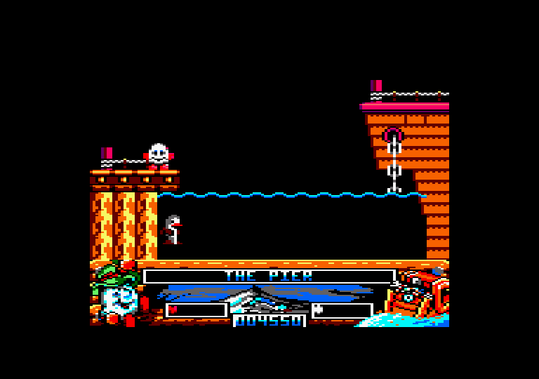 Crystal Kingdom Dizzy Amstrad CPC Screenshot: How can I get on that boat?