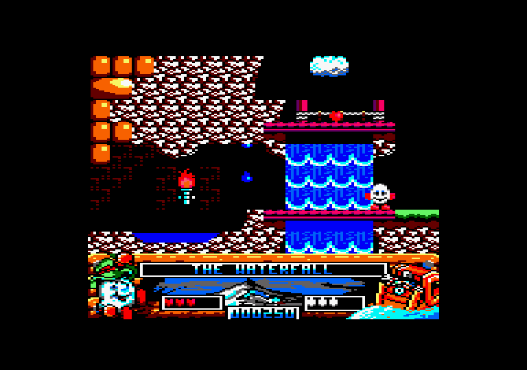 Crystal Kingdom Dizzy Amstrad CPC Screenshot: I'll need an umbrella to get past this waterfall.