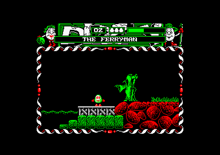 Dizzy: Prince of the Yolkfolk Amstrad CPC Screenshot: Crossing the river Styx.