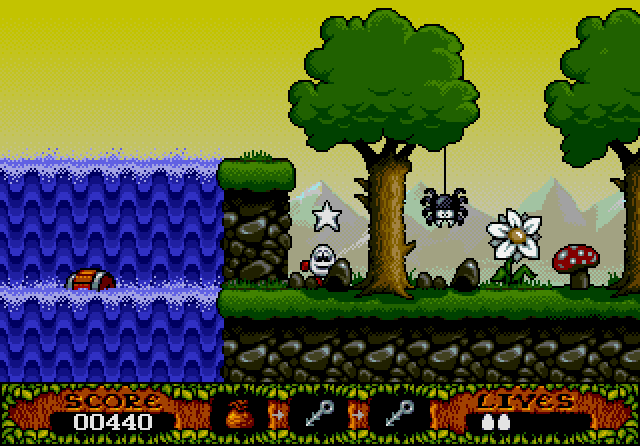 Fantastic Adventures of Dizzy, The IBM PC/Compatibles Screenshot: Another star, and some barrels to jump over the water...