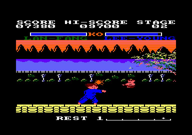 Yie Ar Kung-Fu 2: The Emperor Yie-Gah Amstrad CPC Screenshot: On the second level and hit in the head...