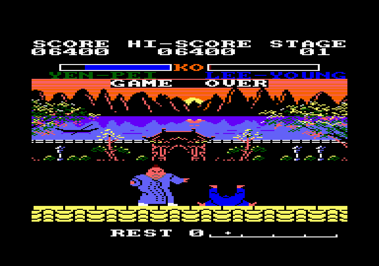 Yie Ar Kung-Fu 2: The Emperor Yie-Gah Amstrad CPC Screenshot: Game over...I'll try again!