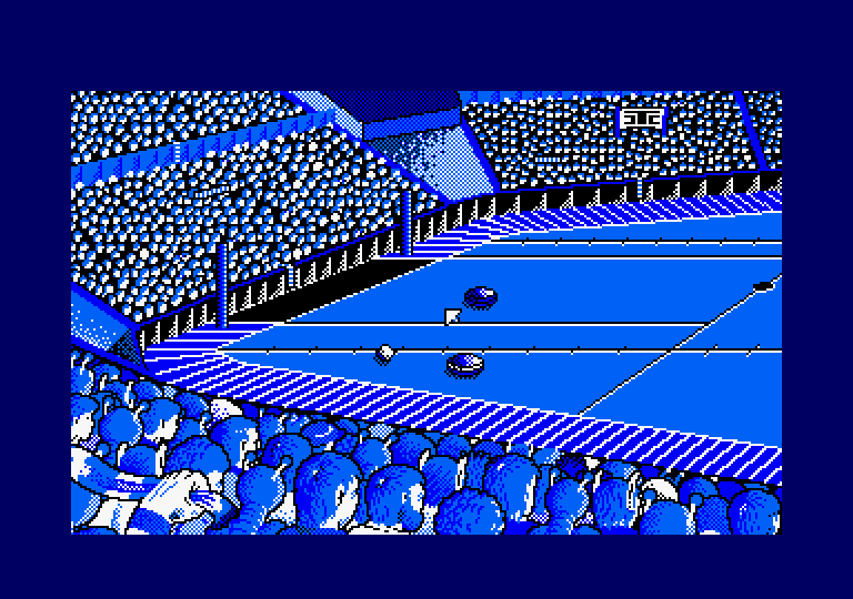 Xeno Amstrad CPC Screenshot: Uh oh, the blue player is closing in on the goal...