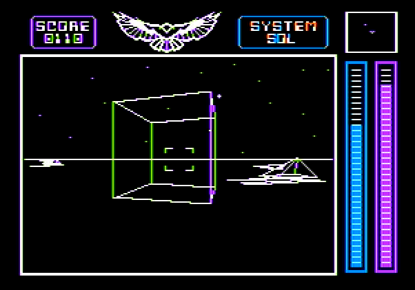 Stellar 7 Apple II Screenshot: These boxes can't be destroyed and get in the way, but can also be used to hide behind.