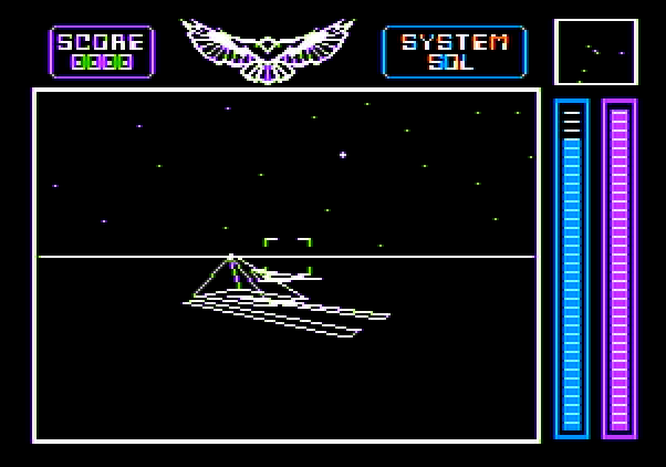 Stellar 7 Apple II Screenshot: About to fire at a sand sled...