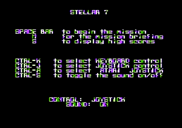 Stellar 7 Apple II Screenshot: The main menu.