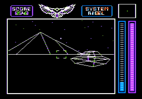 Stellar 7 Apple II Screenshot: A large, enemy tank in the Rigel system.