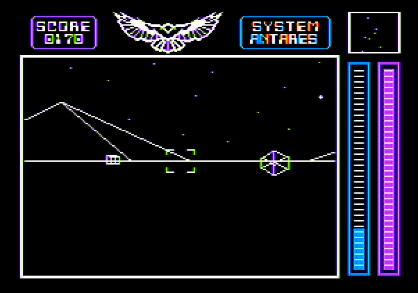 Stellar 7 Apple II Screenshot: Watch out for these laser turrets in the Antares system.