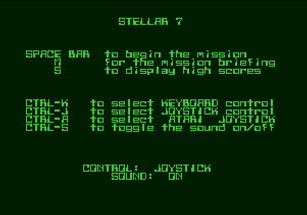 Stellar 7 Apple II Screenshot: The main menu.