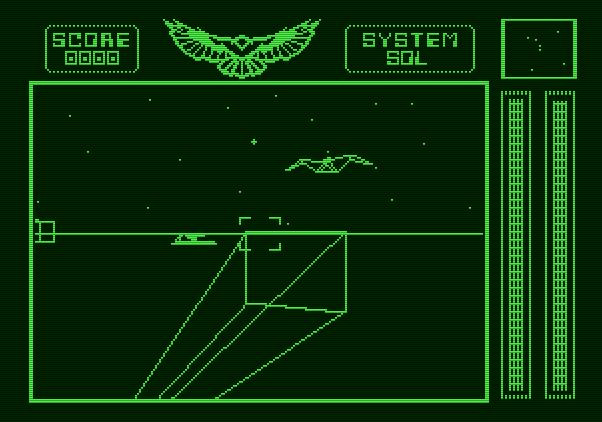 Stellar 7 Apple II Screenshot: Game start; incoming enemy fire!