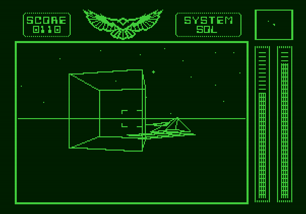 Stellar 7 Apple II Screenshot: My opponent hides behind an obstacle.