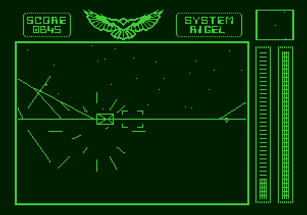 Stellar 7 Apple II Screenshot: One opponent destroyed, but more to go.