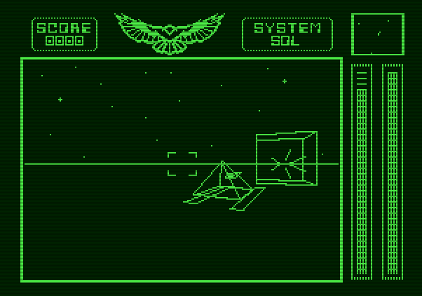Stellar 7 Apple II Screenshot: Chasing a Sand Sled...