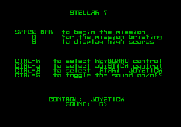 Stellar 7 Apple II Screenshot: The main menu.