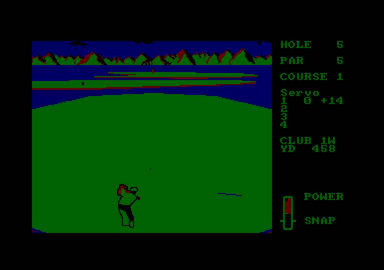 Leader Board Amstrad CPC Screenshot: Hole 5; my shot wasn't straight, but it stayed out of the water!
