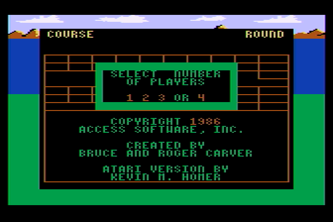 Leader Board Atari 8-bit Screenshot: Starting screen / Main menu.