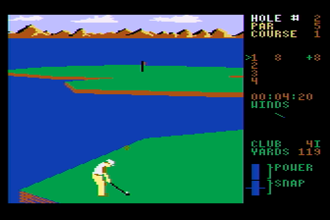Leader Board Atari 8-bit Screenshot: There's a lot of water on this course!