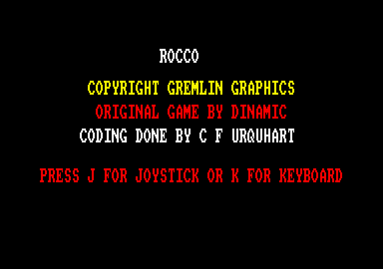 Rocco Amstrad CPC Screenshot: Select joystick or keyboard to begin the game!