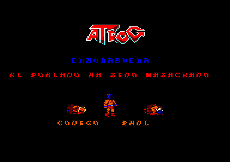Atrog Amstrad CPC Screenshot: Congratulations, stage 1 completed!