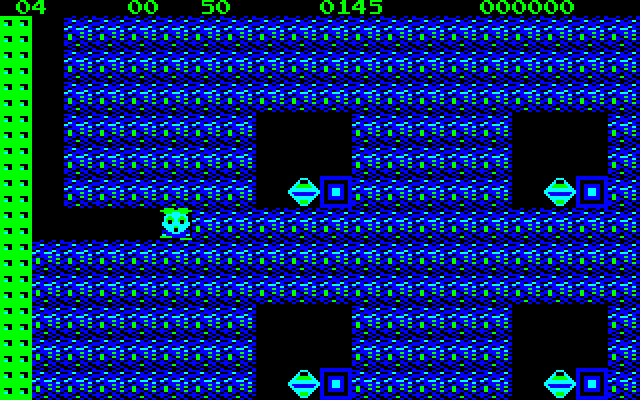 Boulder Dash PC-8800 Series Screenshot: Don't get caught by these fast moving box-like creatures!