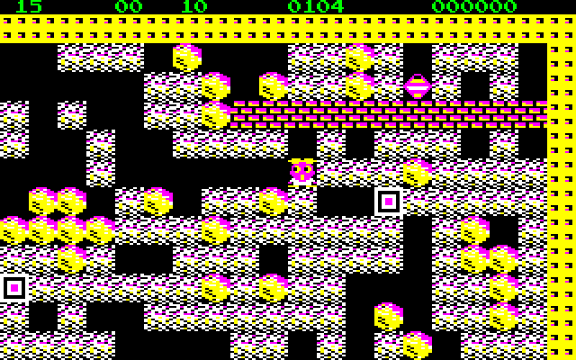 Boulder Dash PC-8800 Series Screenshot: More boxes; this could be tricky.