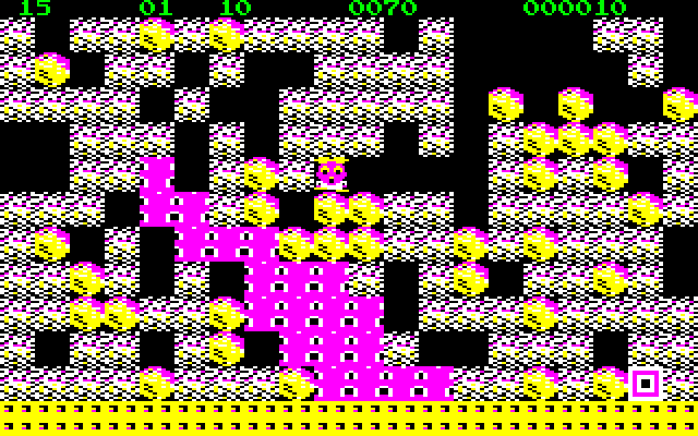 Boulder Dash PC-8800 Series Screenshot: The purple slime will slowly expand in the cave...