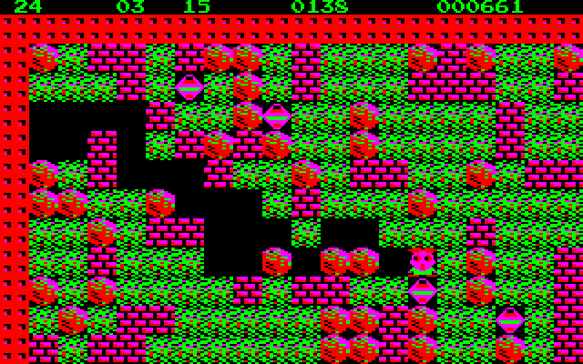 Boulder Dash PC-8800 Series Screenshot: Plenty of diamonds here, but numerous boulders pose a challenge!