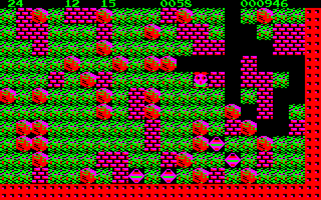 Boulder Dash PC-8800 Series Screenshot: Running out of time with lots of diamonds to collect...better hurry!