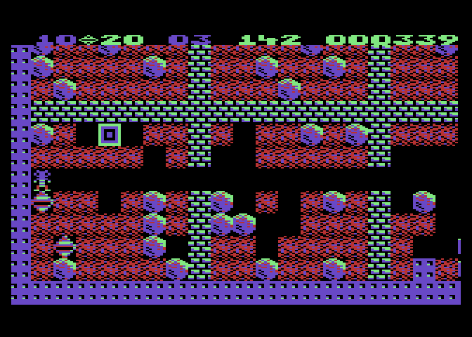 Boulder Dash Atari 8-bit Screenshot: Collect diamonds, but watch out for those deadly boxes!