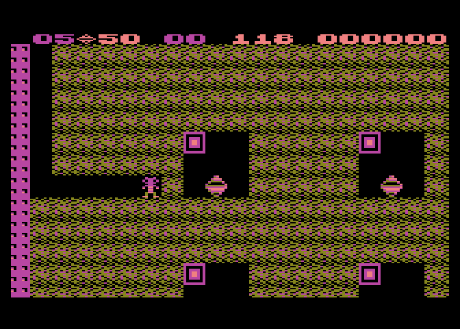 Boulder Dash Atari 8-bit Screenshot: Grab the diamonds, and then run fast from the boxes!