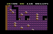 Boulder Dash for Commodore 64 - Crush these butterflies with boulders to turn them into diamonds.