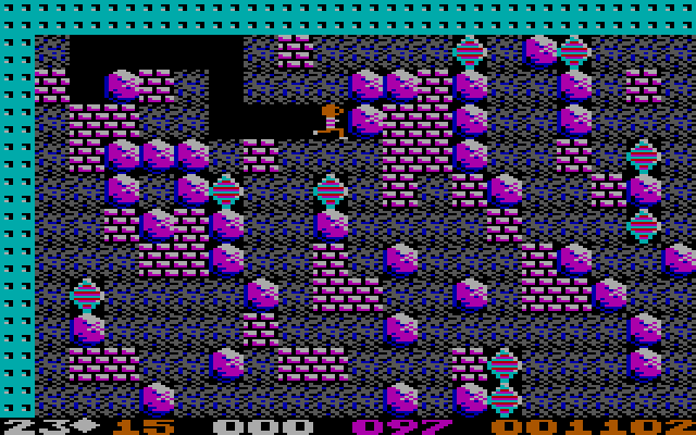 Boulder Dash IBM PC/Compatibles Screenshot: This cave features many boulders and diamonds to dodge!