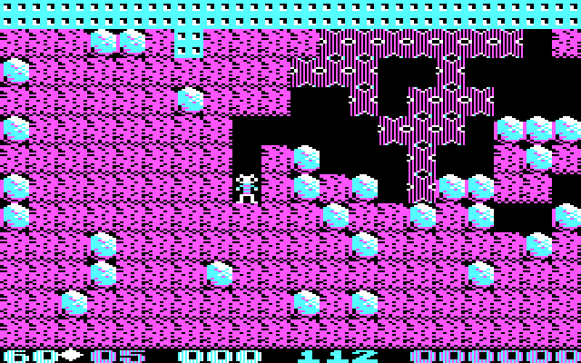 Boulder Dash IBM PC/Compatibles Screenshot: The slime (magenta instead of green in the CGA version) doesn't kill you, but it grows and takes up space.