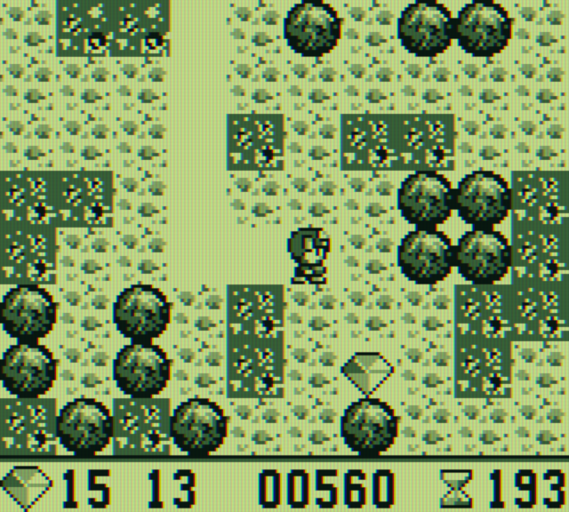 Boulder Dash Game Boy Screenshot: Diamonds and rocks are everywhere!