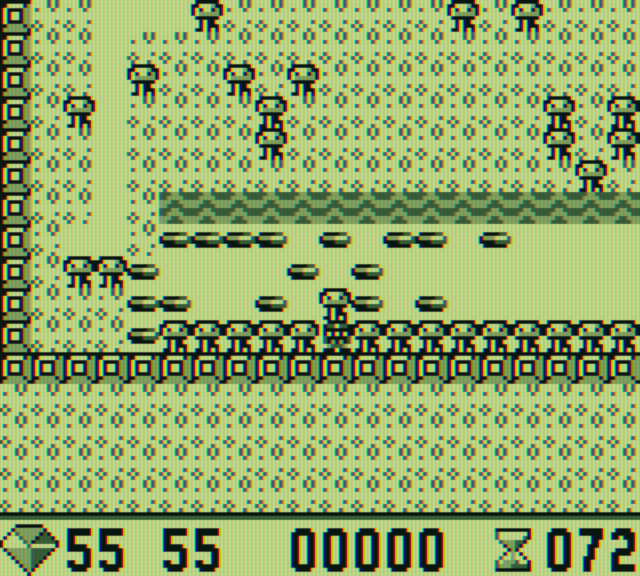 Boulder Dash Game Boy Screenshot: I'm stuck; here's a zoomed-out view of my predicament..