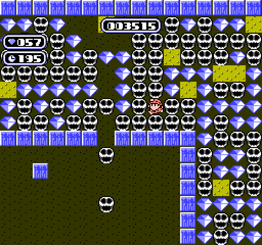 Boulder Dash NES / Famicom Screenshot: Rocks and diamonds cascade down in this level of mayhem!