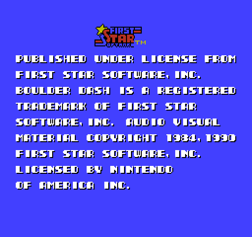 Boulder Dash NES / Famicom Screenshot: Copyright screen.