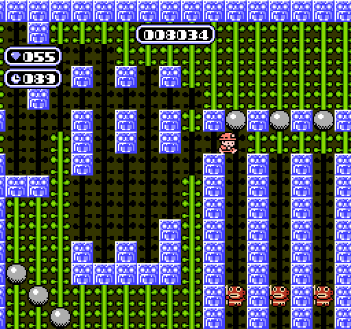 Boulder Dash NES / Famicom Screenshot: Drop boulders on these creatures to turn them into diamonds...and destroy nearby walls!