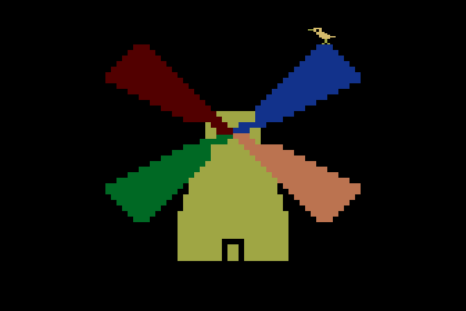 Juggles' Butterfly Atari 8-bit Screenshot: Press keys to spin the windmill and move the bird!