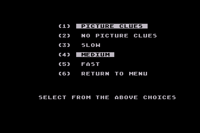 Juggles' Butterfly Atari 8-bit Screenshot: Game options menu.