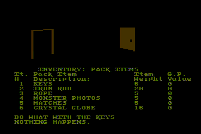 Stone of Sisyphus, The Atari 8-bit Screenshot: The keys I found don't seem to unlock this door...I'll need a different strategy.