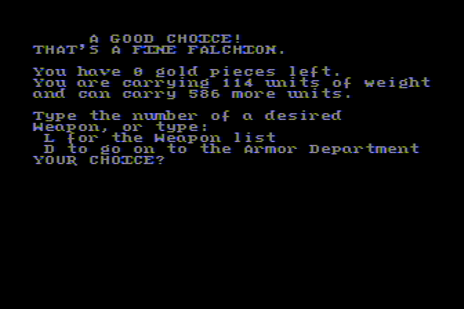 Stone of Sisyphus, The Atari 8-bit Screenshot: A good choice! Now, for some armor...