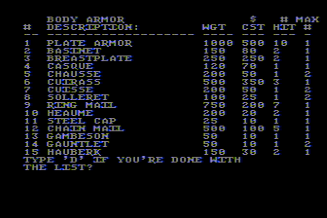 Stone of Sisyphus, The Atari 8-bit Screenshot: A few armor options...