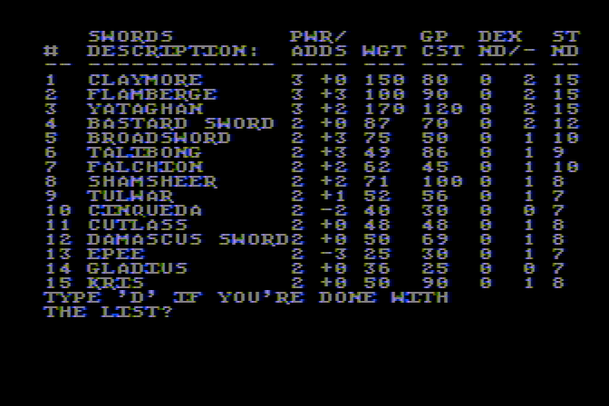 Stone of Sisyphus, The Atari 8-bit Screenshot: Here's the list of weapons I can purchase...