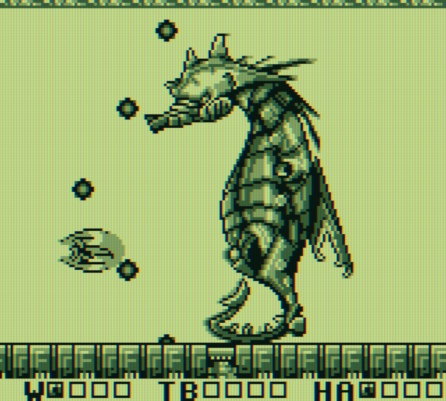 Sagaia Game Boy Screenshot: Attacking a huge battleship.