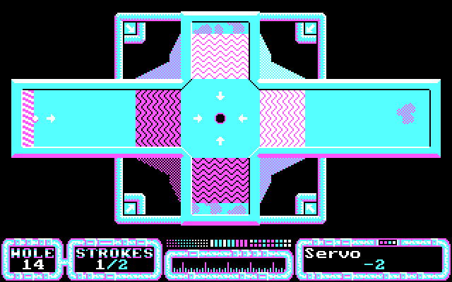SimulGolf IBM PC/Compatibles Screenshot: The hole is at the top of a hill, so correct power on your shot is key!